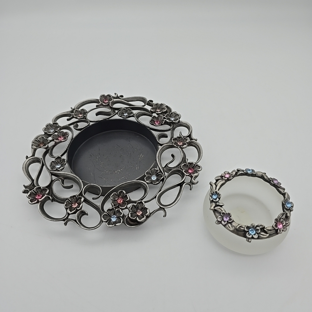 Lot of 2 Partylite Pewter Pillar Candle Holder Floral Design w/Rhinestones